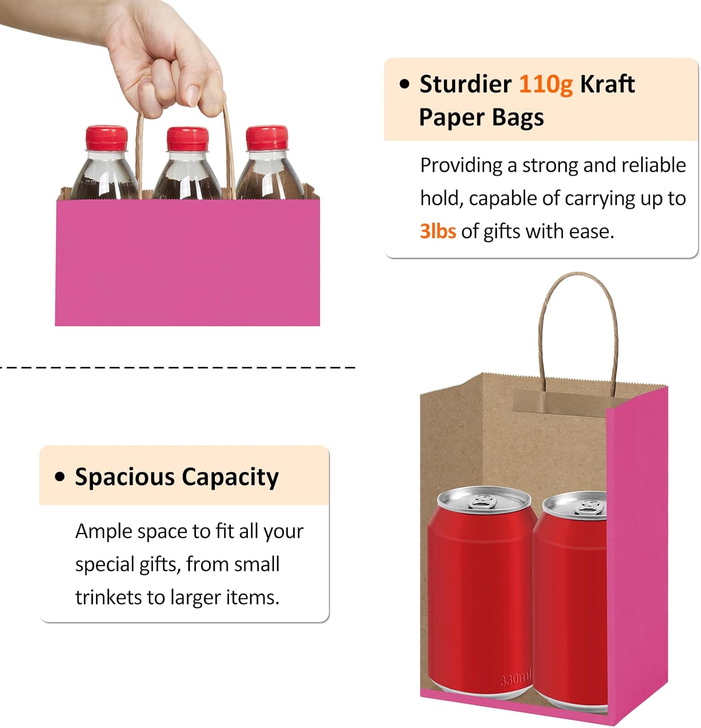 BagDream Kraft Paper Bags 100Pcs 5.25x3x8 Inches Small Paper Gift Bags with Handles Bulk, for Shopping, Retail, Business, Party Favor, Pink Gift Sacks
