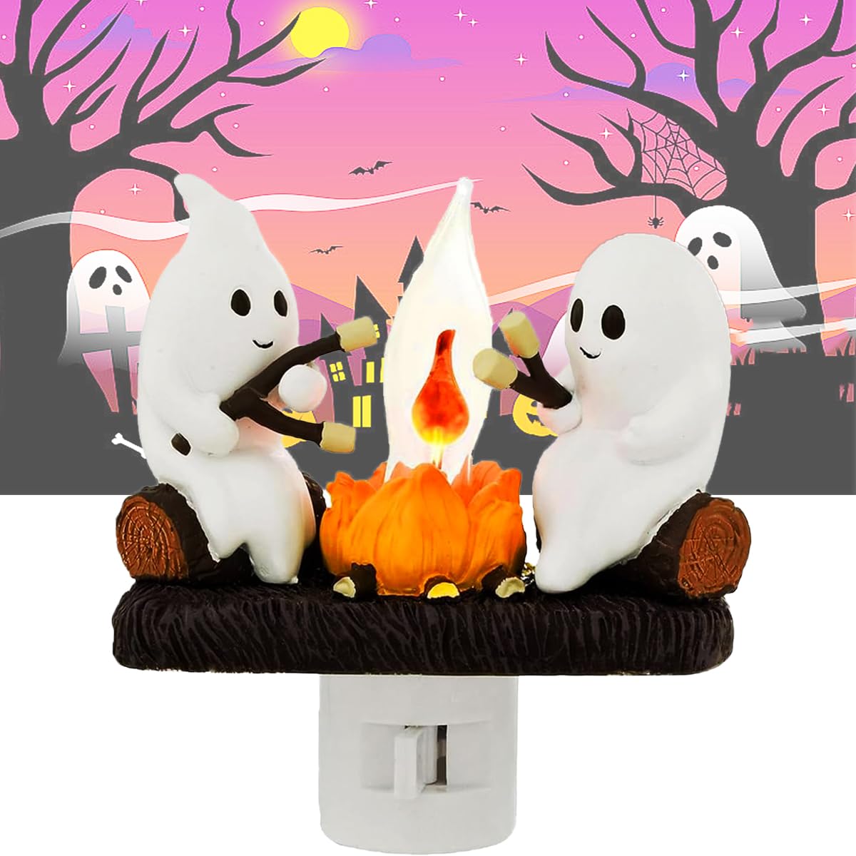 Ghost Campfire Flickering Night Light, Ghosts Campfire Flicker Flame Halloween Nightlight, 3D LED Small Electric Faux Campfire Night Light, Spooky Fire Marshmallow Night Light Halloween Gifts