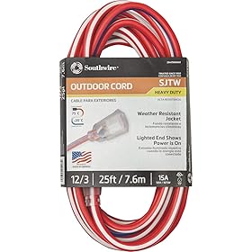 Southwire 2547SWUSA1 25-Feet, Contractor Grade, 12/3, Lighted End Red White and Blue, American Made Extension Cord, Indoor and Outdoor Use, Water Resistant Flexible Jacket, Foot, Ft