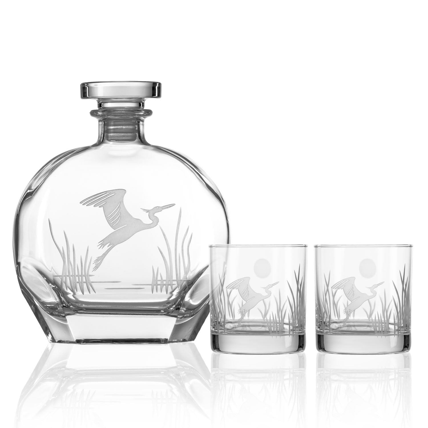 Rolf Glass Heron 3pc Whiskey Decanter Set with 2 On the Rocks Glasses and Airtight Stopper | Elegant Lead-Free Glass for Bourbon, Scotch, Liquor | Engraved in the USA | 23oz Decanter, 11oz Glasses