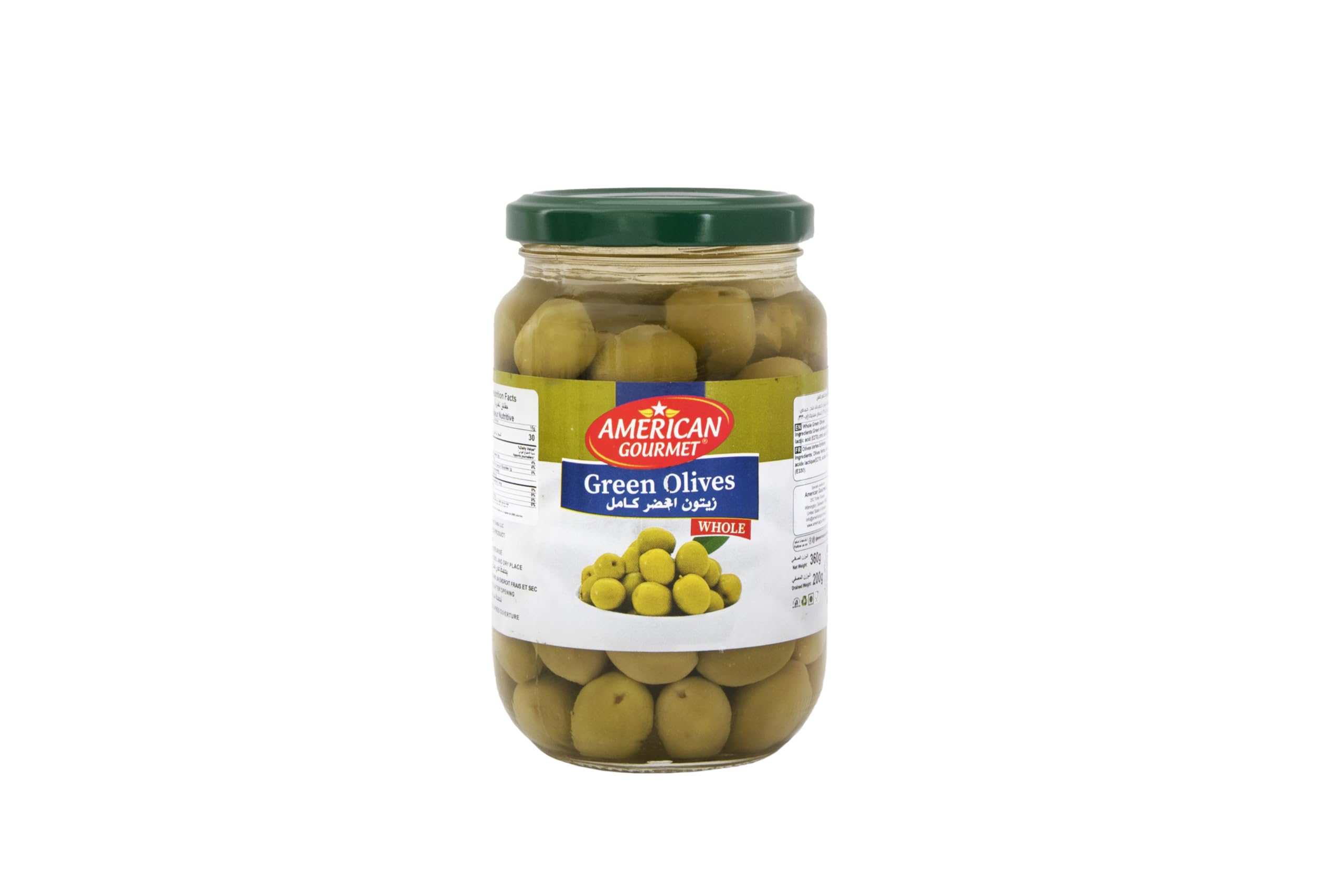 American Gourmet Green Olives Whole 360g - Premium quality green olives. These whole olives are for added convenience. Brined to perfection for exceptional flavor