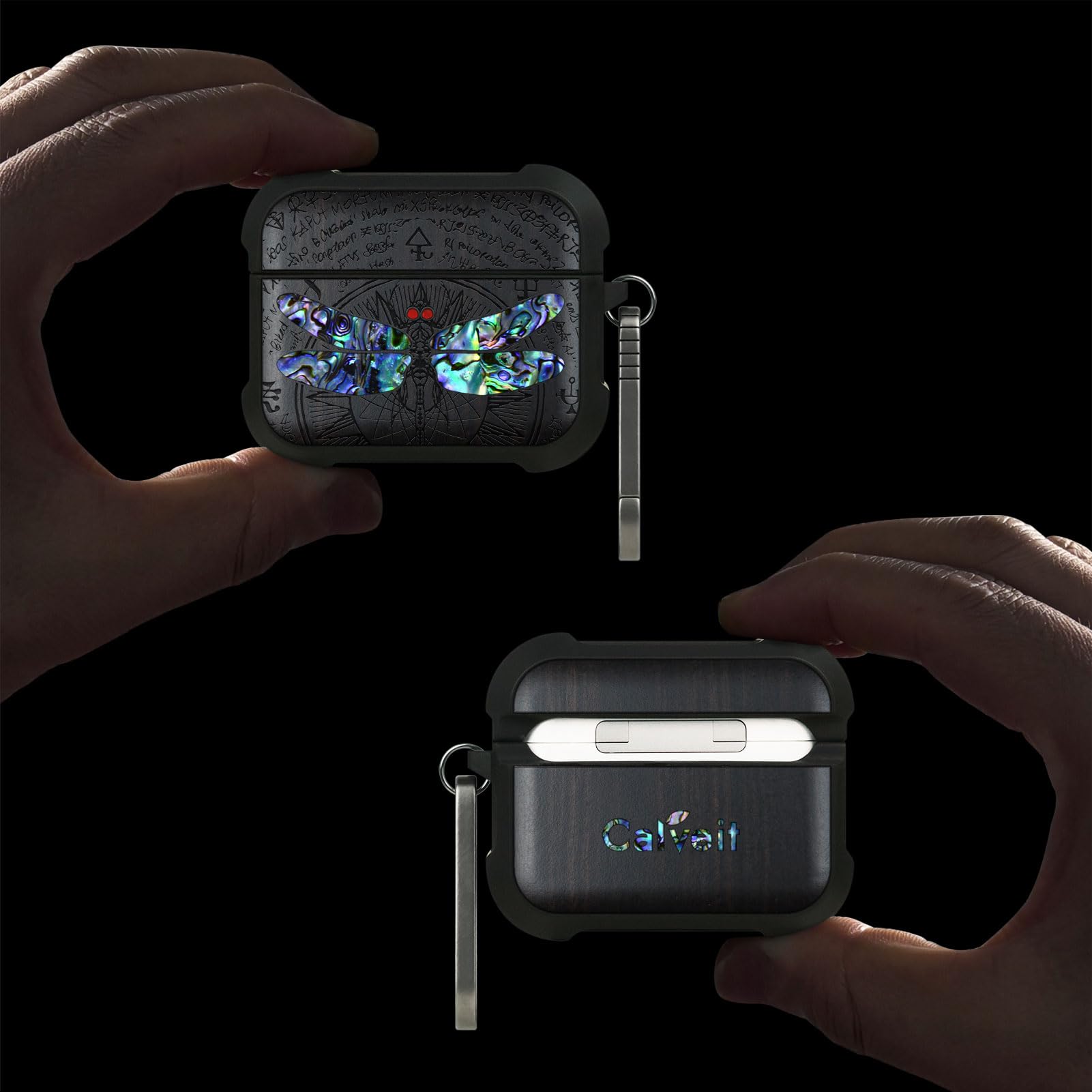 Carveit Etui kompatybilne z AirPods Pro 3 (2025), etui ochronne [grawerunek z drewna i muszla] [tytanowe szybkie zapięcie] do Airpods Pro 3 Skin 2025 etui (ciemne drewno, wdzięczna ważka)