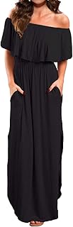 Women's Off Shoulder Summer Casual Long Ruffle Beach Maxi Dress with Pockets - Buy now