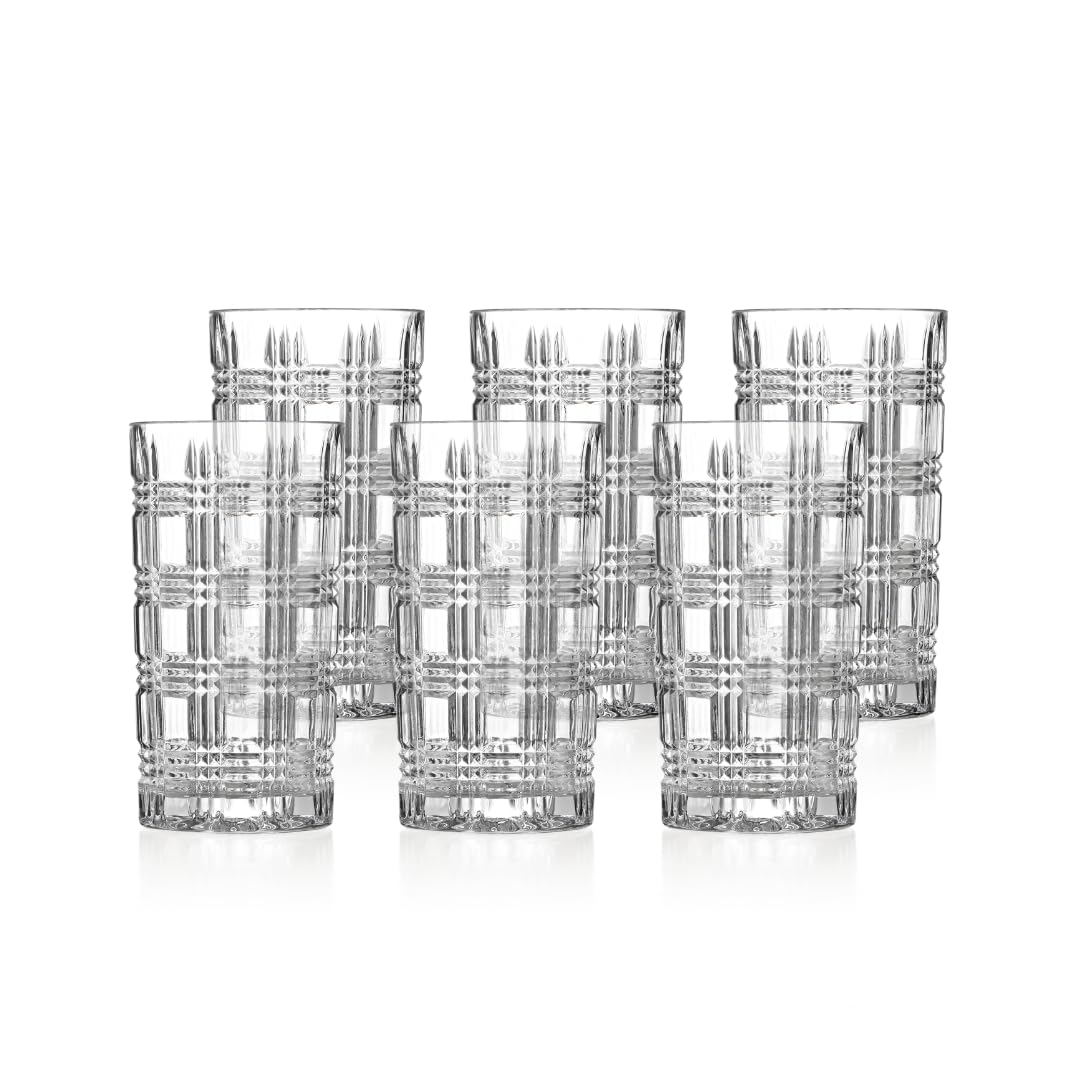 klink LONDON Fulham Crystal Glass Highballs – Set of 6 Lead-Free Crystal Long Drink Glasses, 410ml Linear Cut Cocktail & Water Glasses, Dishwasher Safe