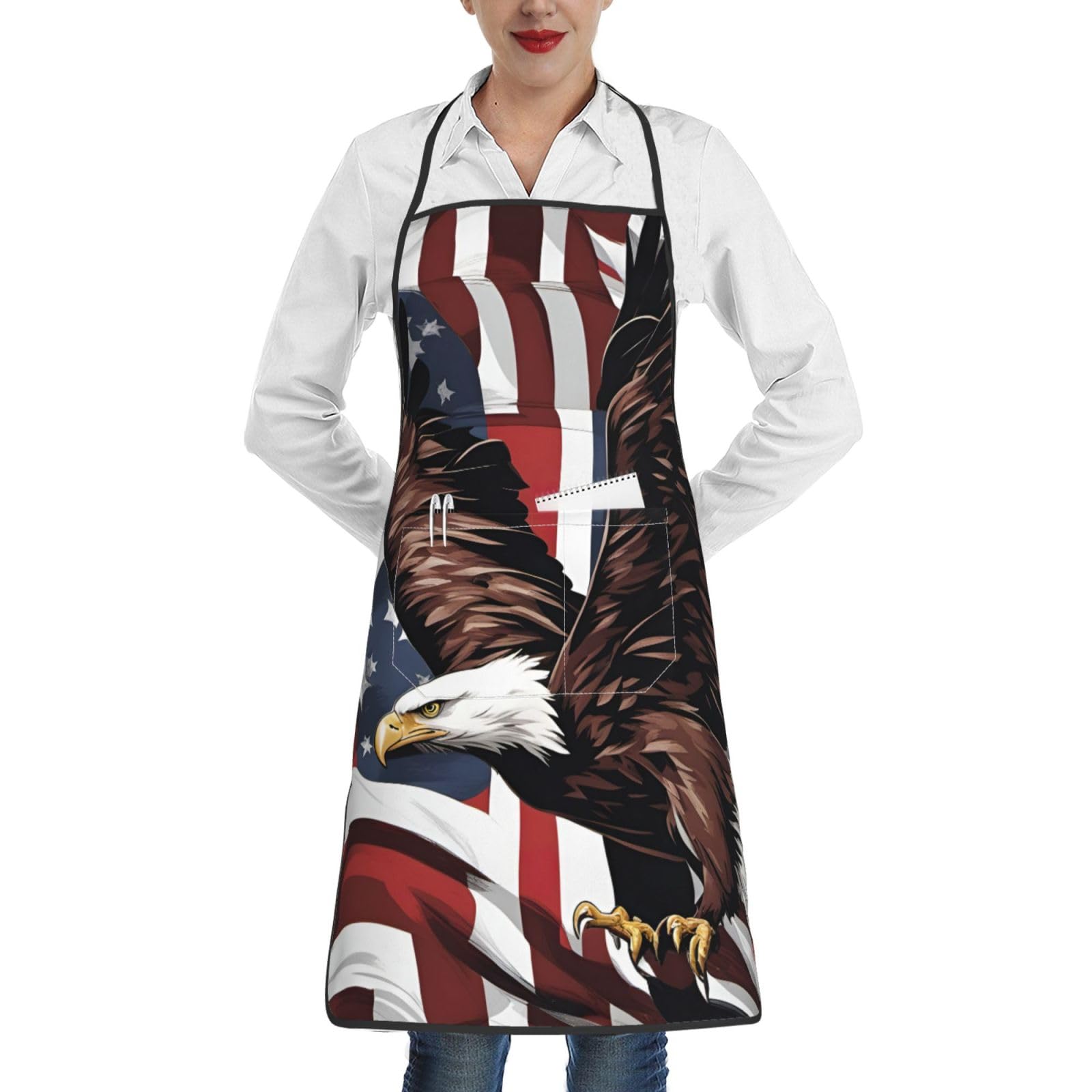 Longzehao Eagle with USA Flag Print Chef Pocket apron for Men and Women Professional Cooking,Water and Oil Resistant.