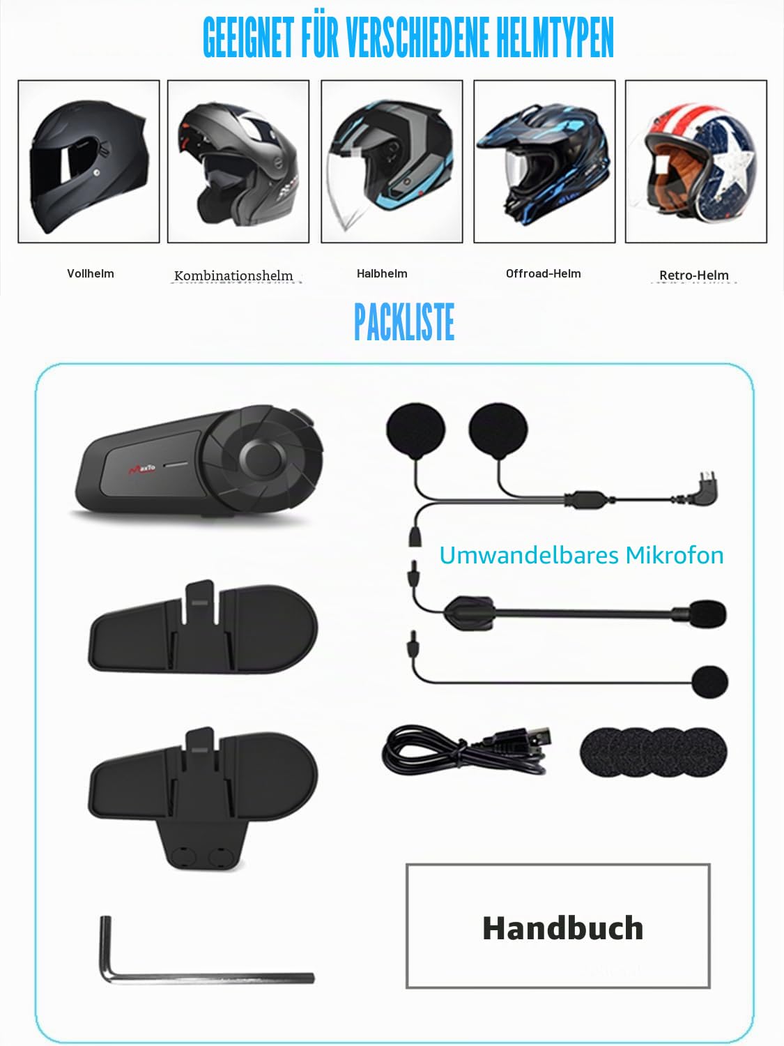 MAXTO Motorradhelm Bluetooth Headset Outdoor Headset Freisprecheinrichtung Lautsprecher Bluetooth 5.3 EDR Wireless Motorrad Headset Automatischer Anwser Headset Hohe Klangqualität Kopfhörer,2 Pack