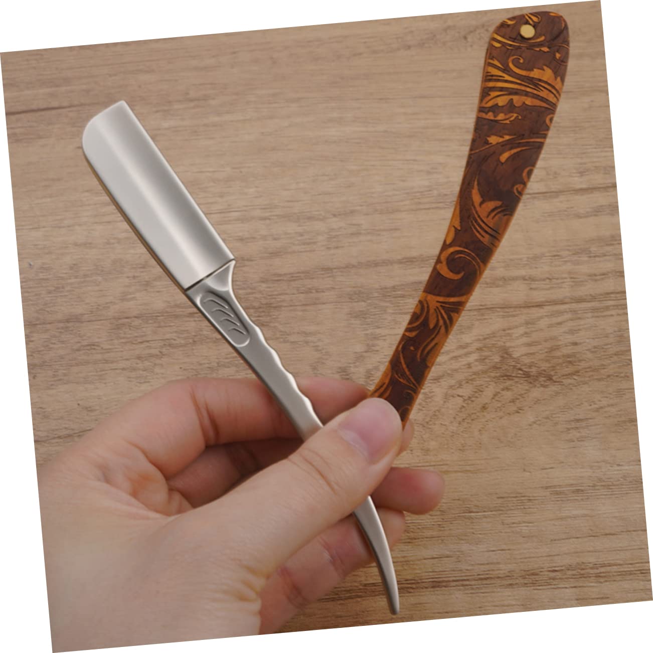 Rasoio Pieghevole in Acciaio Inox e Legno, Marrone, Vintage | Controllo Preciso, Design Sicuro, Uso Professionale e Domestico, Rasatura Pulita e Liscia