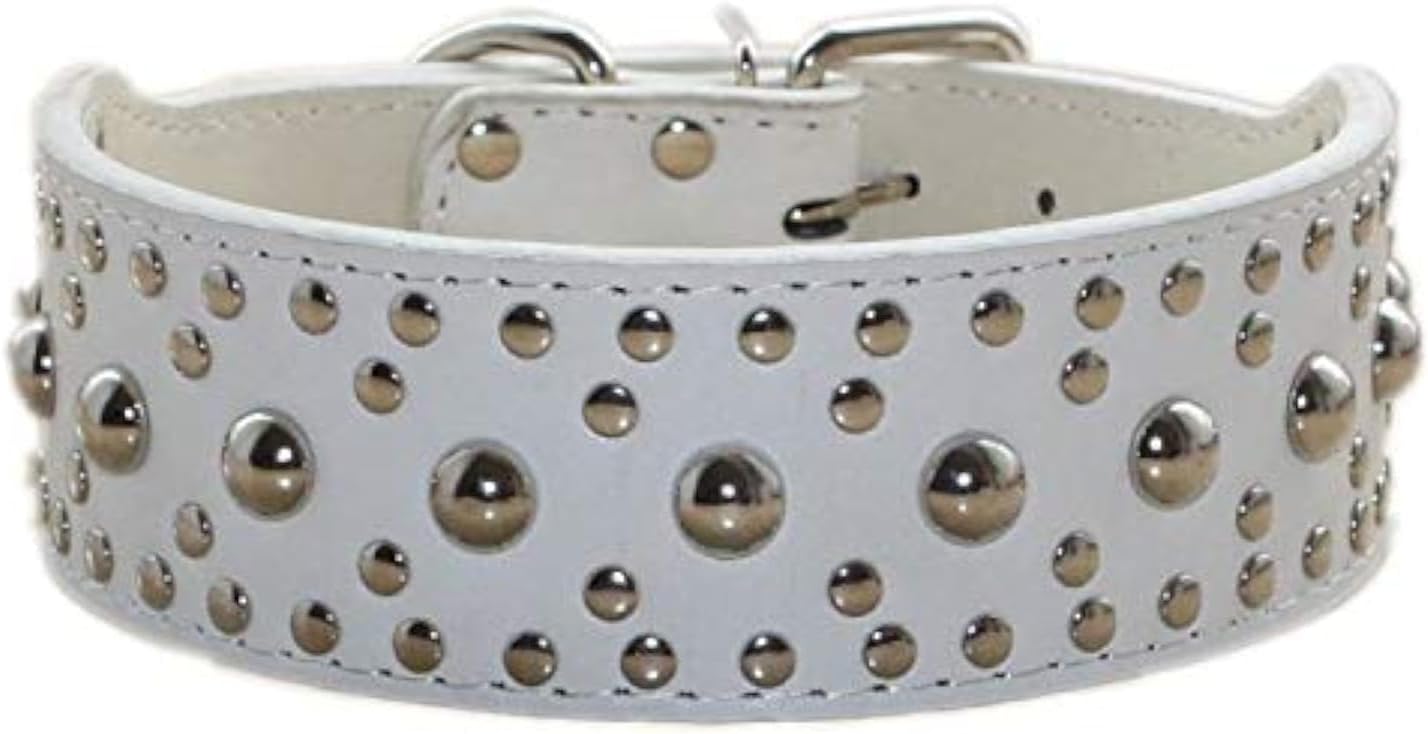 Serijoars 2" Width Leather Collar, Spiked Studded Heavy Duty Collar - Adjustable for Medium Large Dogs (M, White)