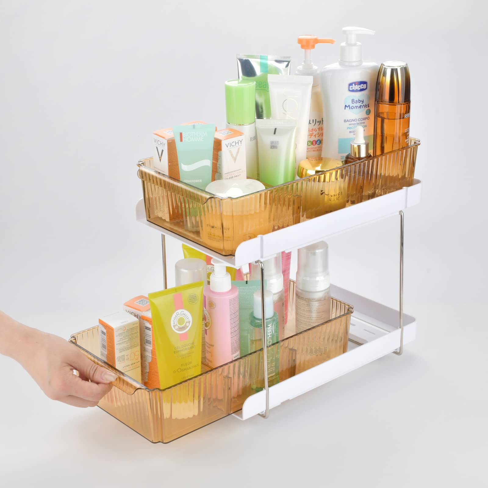 2 Tier Under the Sink Organizer Baskets with Sliding Drawers —Ideal for Cabinet, Countertop, Pantry, and Desktop, for Bathroom, Kitchen, Office,2 Tier Bathroom Counter Organizer Kitchen