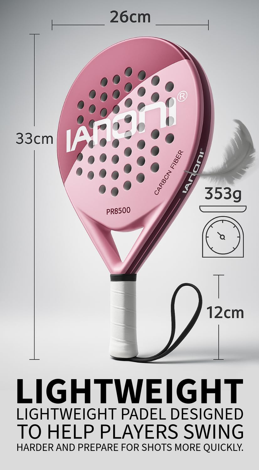 IANONI Racchetta da padel con superficie in fibra di carbonio con nucleo in schiuma EVA Memory Flex Foam Racchette da tennis Paddle Racchetta da tennis-8500 rosa