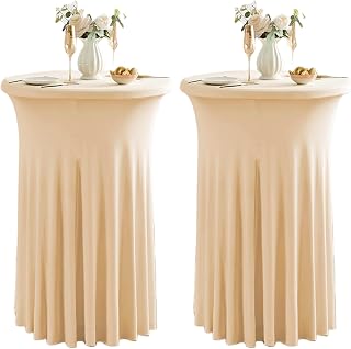 Qubjus 2 Pack Cocktail Tablecloths Stretch Table Skirt - 32x43 inch Bar High Top Stylish and Elegant Cocktail Table Covers for Parties, Weddings, Holidays - Champagne