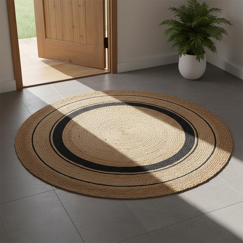 Image of Jute Round Carpet 3x3 feet - Handmade Braided Boho Rug for Living Room, Bedroom & Balcony - Soft Washable Floor Mat, Color - Beige Black