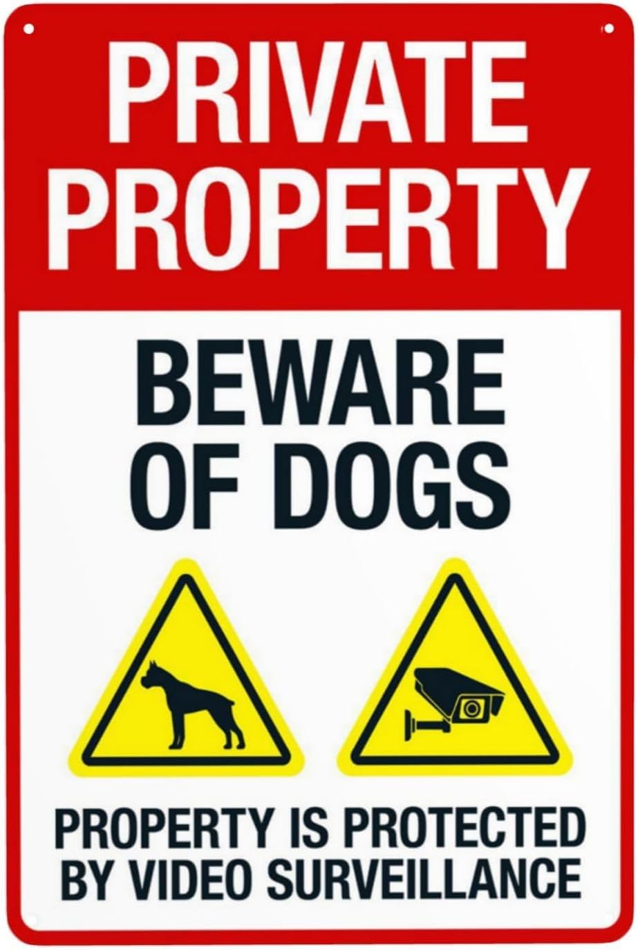 Private Property Beware of Dogs Video Protected Rust Free Aluminum Sign - Retro Safety Decor with Pre-Drilled Holes for Home Property - 16x12 Inch​