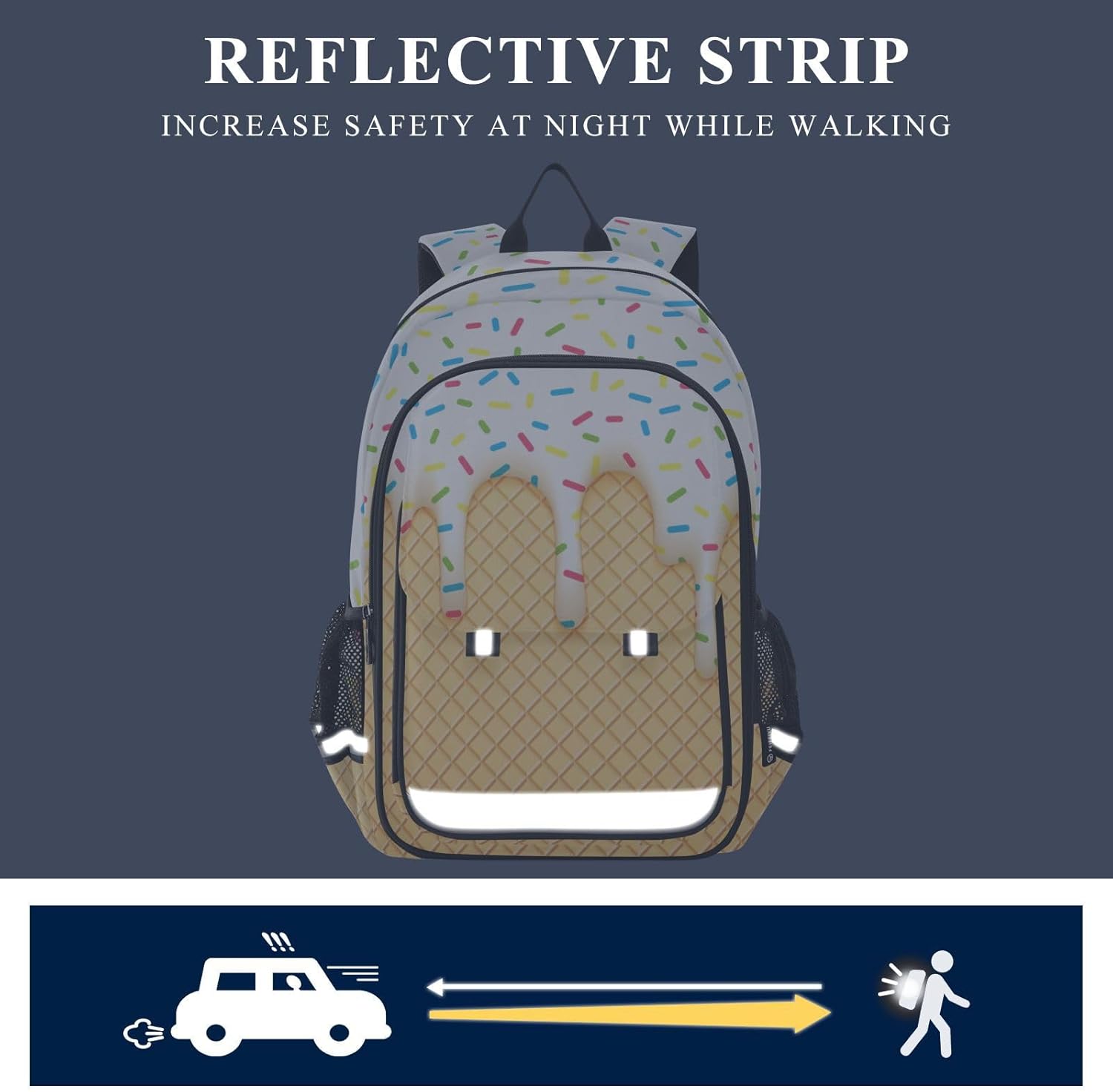Kids Ice Cream Backpack for Boys Girls Bookbags Elementary Backpack School Bags Travel Daypack Lightweight Waterproof with Reflective Strip - Image 5
