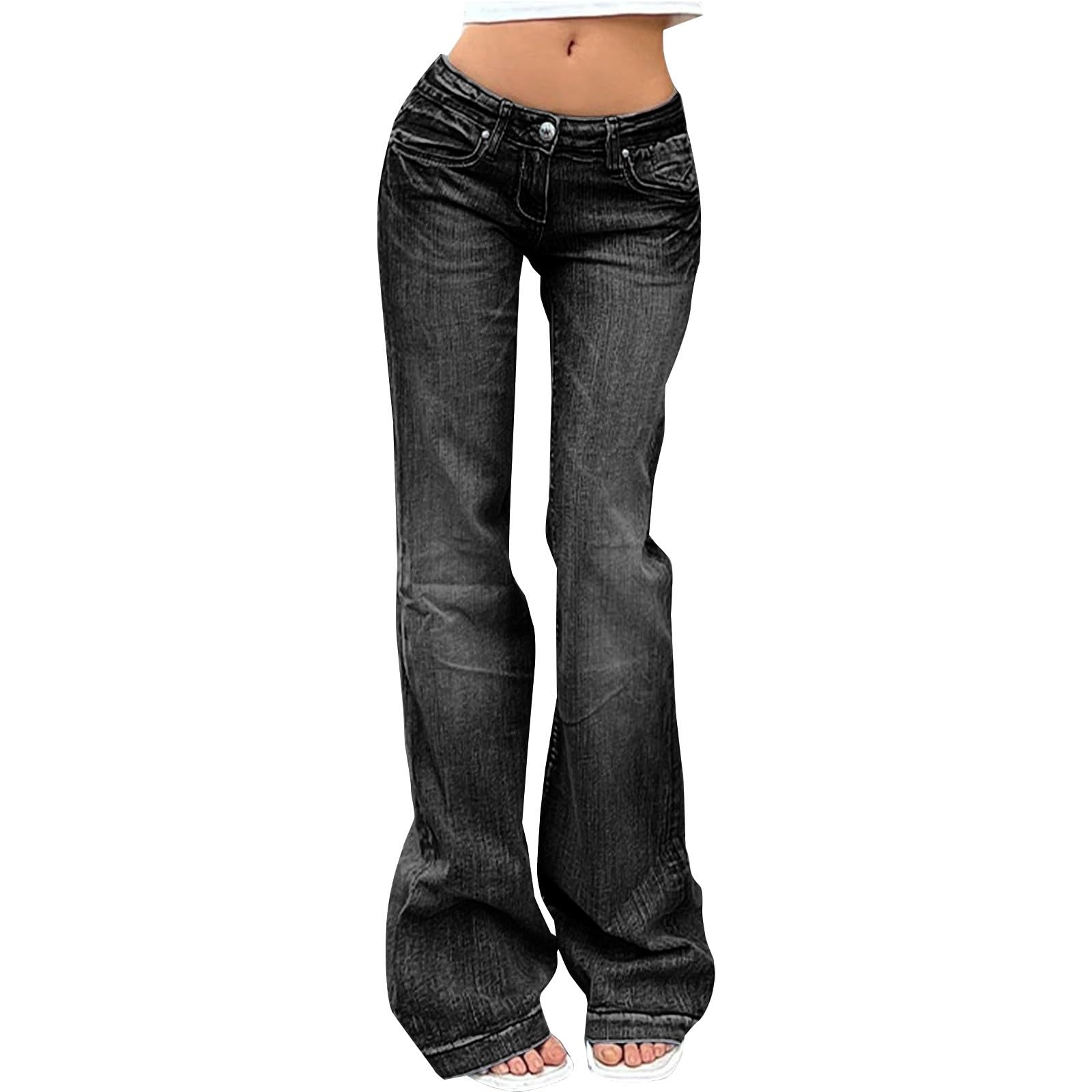 Jeans Bootcut da donna, a vita bassa, vintage, larghi, neri