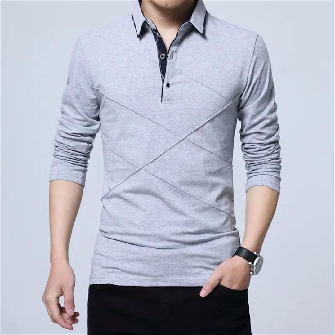 Polo de algodón sólido con solapa y botones para hombre, impresión de letras coreanas, camiseta de manga larga