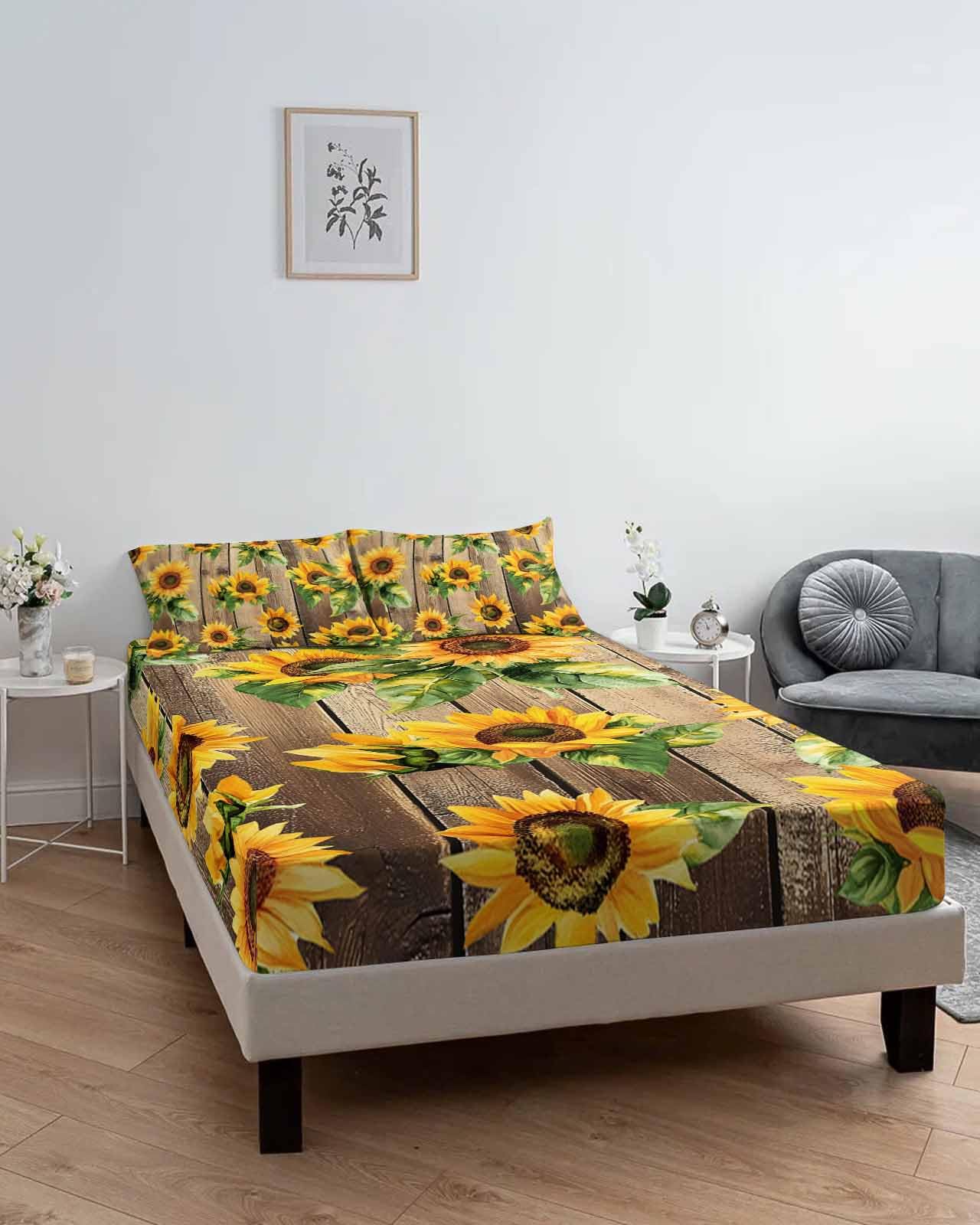 Sunflower Twin XL Fitted Sheet & Pillowcase Set - Watercolor Floral Design, Deep Pocket Up To 16", Soft Brushed Microfiber