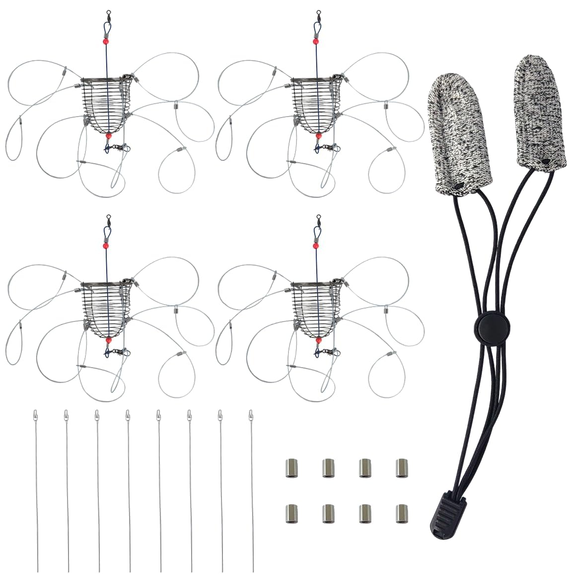 4 Set Stainless Steel Crab Snare Traps with 8 Loops+Non-Slip Finger Covers+Spare Coil and Bushing ，Crab Traps for Blue Crabs/Red Crab/Rock Crab, Crab