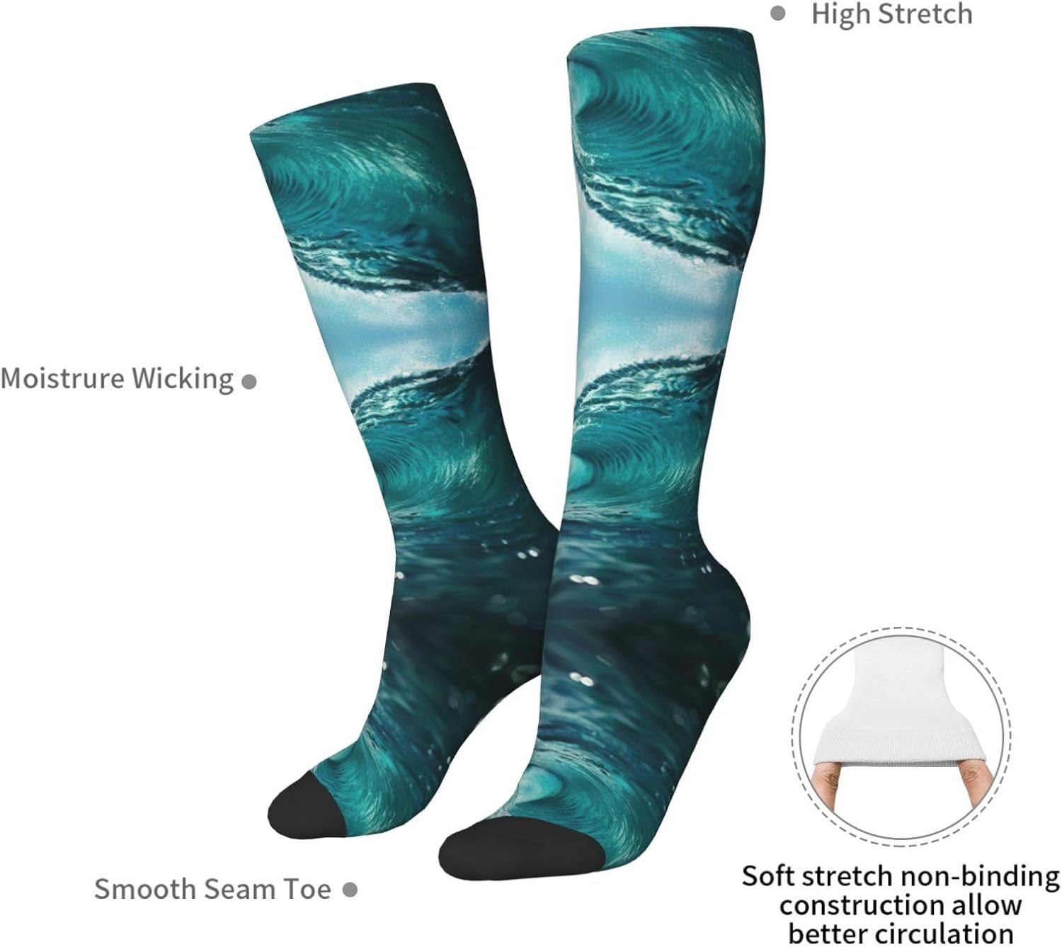 Ocean Green Wave Surf Print Breathable Crew Neck Athletic High Socks,Suitable For Sports,Running,And Travel.