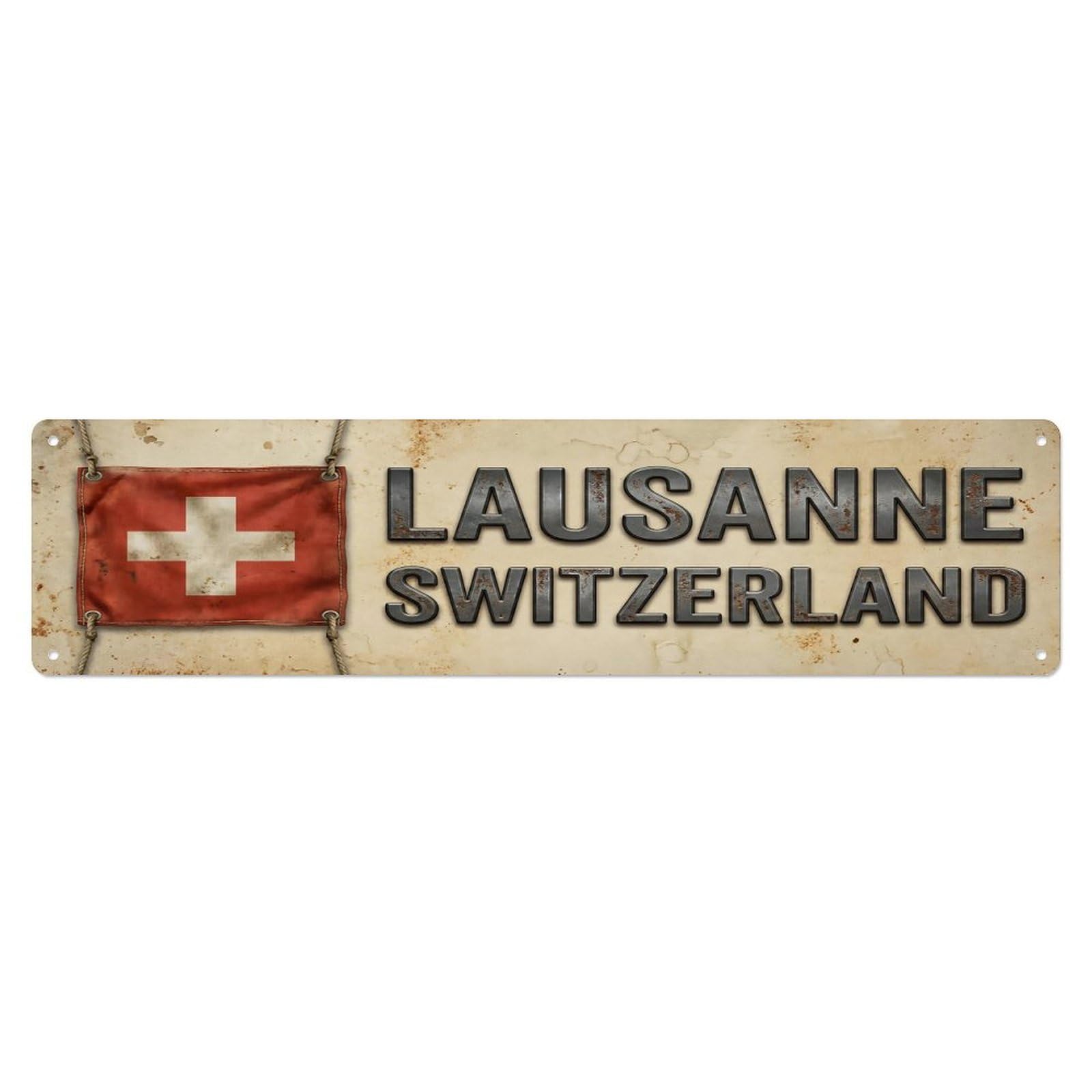 Vintage Lausanne Switzerland Flag Decor Rustic Travel Metal Tin Sign