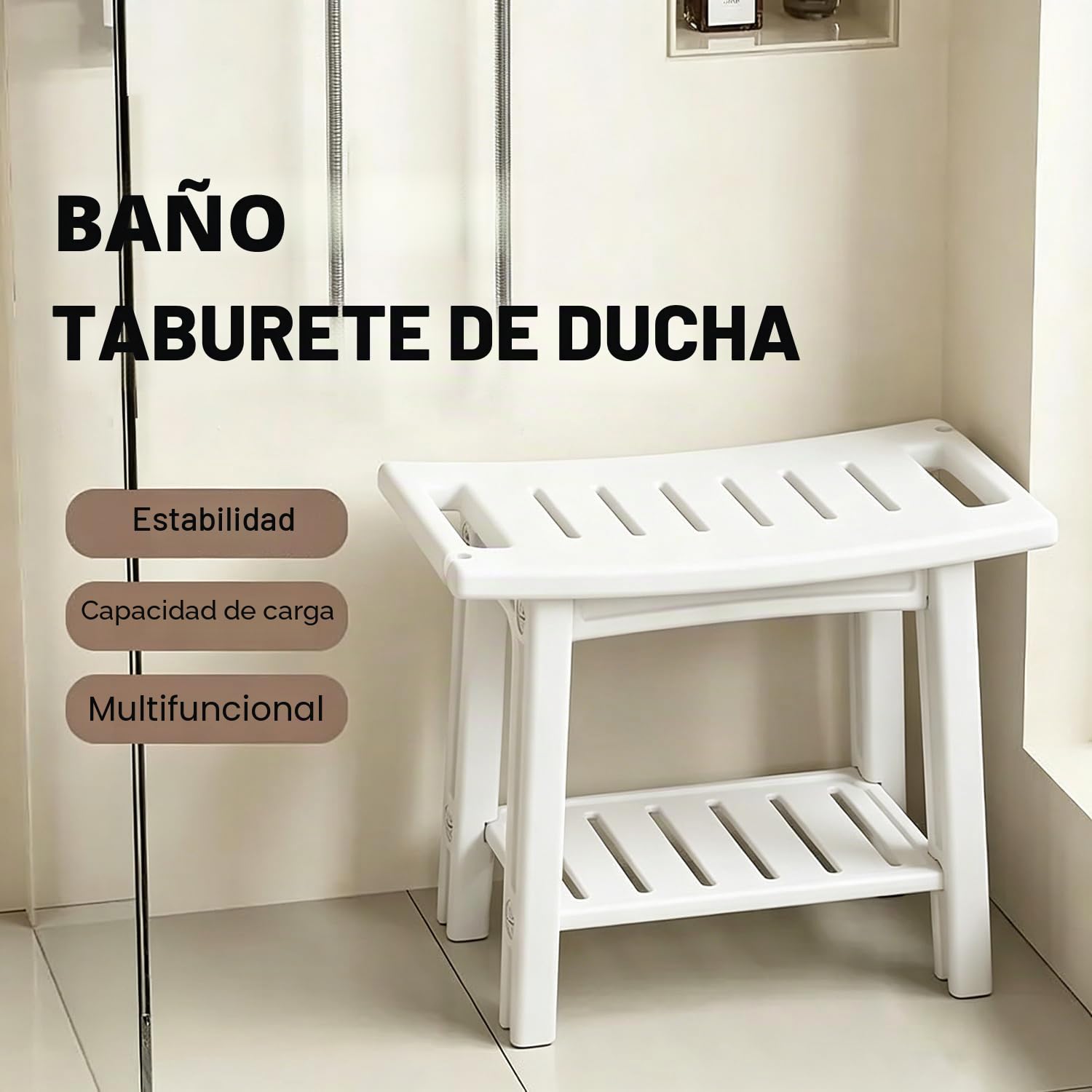 Taburete Ducha，Asiento Impermeable con Estante para Baño, Banco Antideslizante para Interior y Exterior,Asiento de Ducha con Soporte para Cabezal de Ducha,Blanco (Blanco)