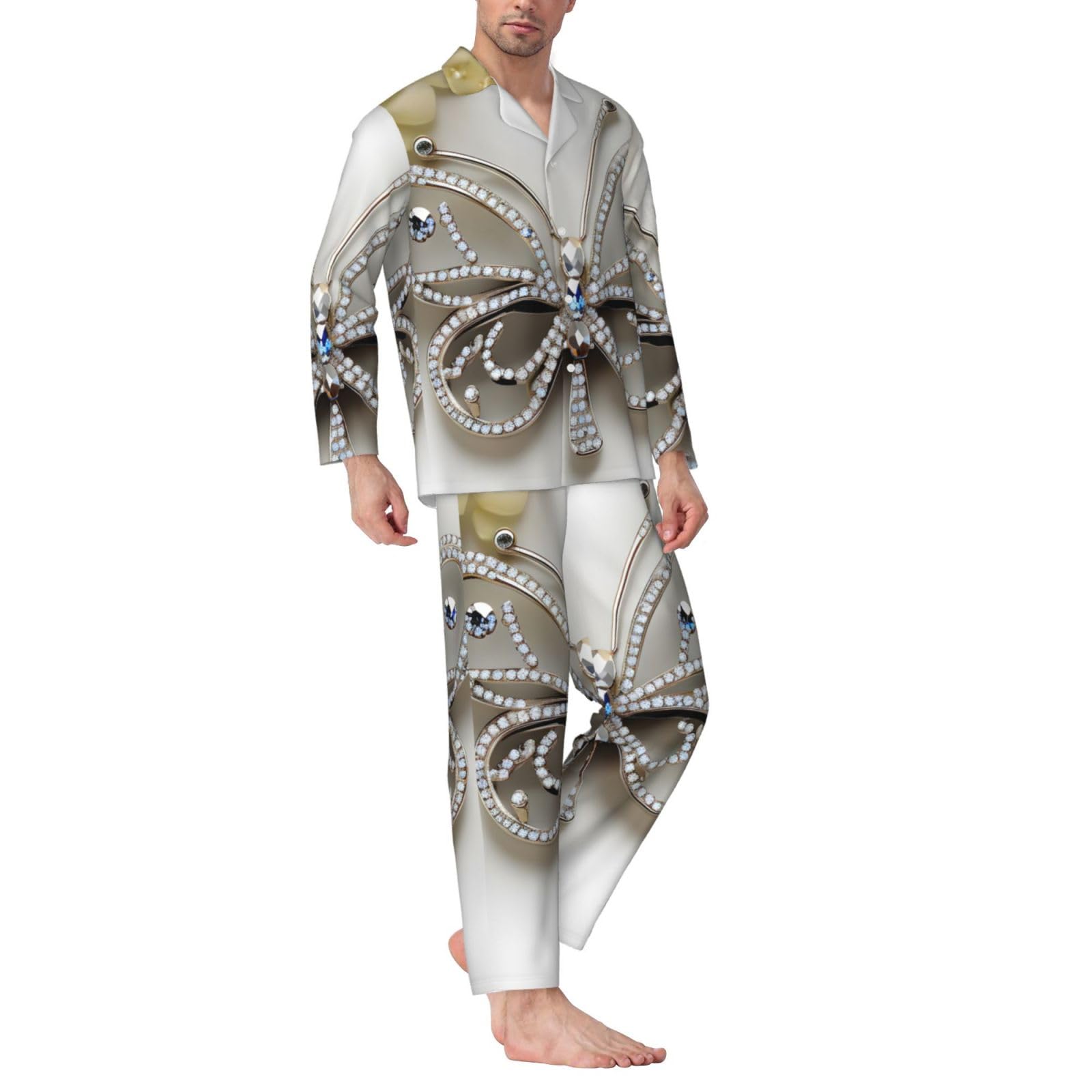 Conjunto de pijama de manga larga para hombre, diseño de mariposa y flores con diamantes de imitación, transpirable, cómodo