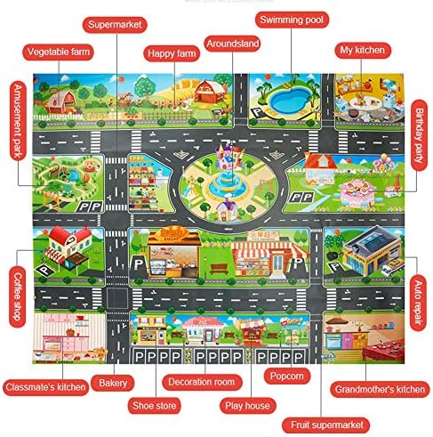 Plastic Toy Rug, Self Cleaning Oil Free Cloth,Washable for Floor Or Table,Kids Carpet PVC City Life,Educational Road Traffic Play Mat Learning Carpets for Kids 6