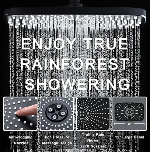 Image of 12 inch High Pressue Rain Shower Head with Handheld, 9 Sprays Hand Showerhead | Shower Heads with Handheld Spray Combo, Dual Head, Built-in Magnetic Docking, Power Jets, 59 inch Shower Hose, Black 1.75GPM