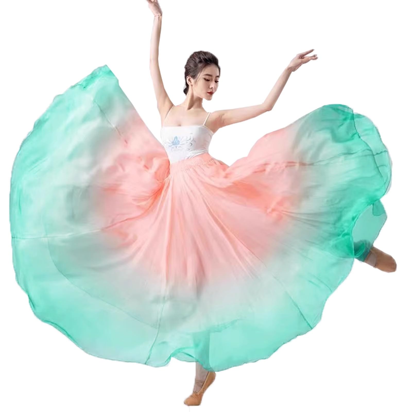 ORIDOOR 720 35" Long Women's Fairy Lyrical Dance Skirt Gradient Color Swing Skirt Ballet Modren Dance Costumes, A Pink Green, One Size