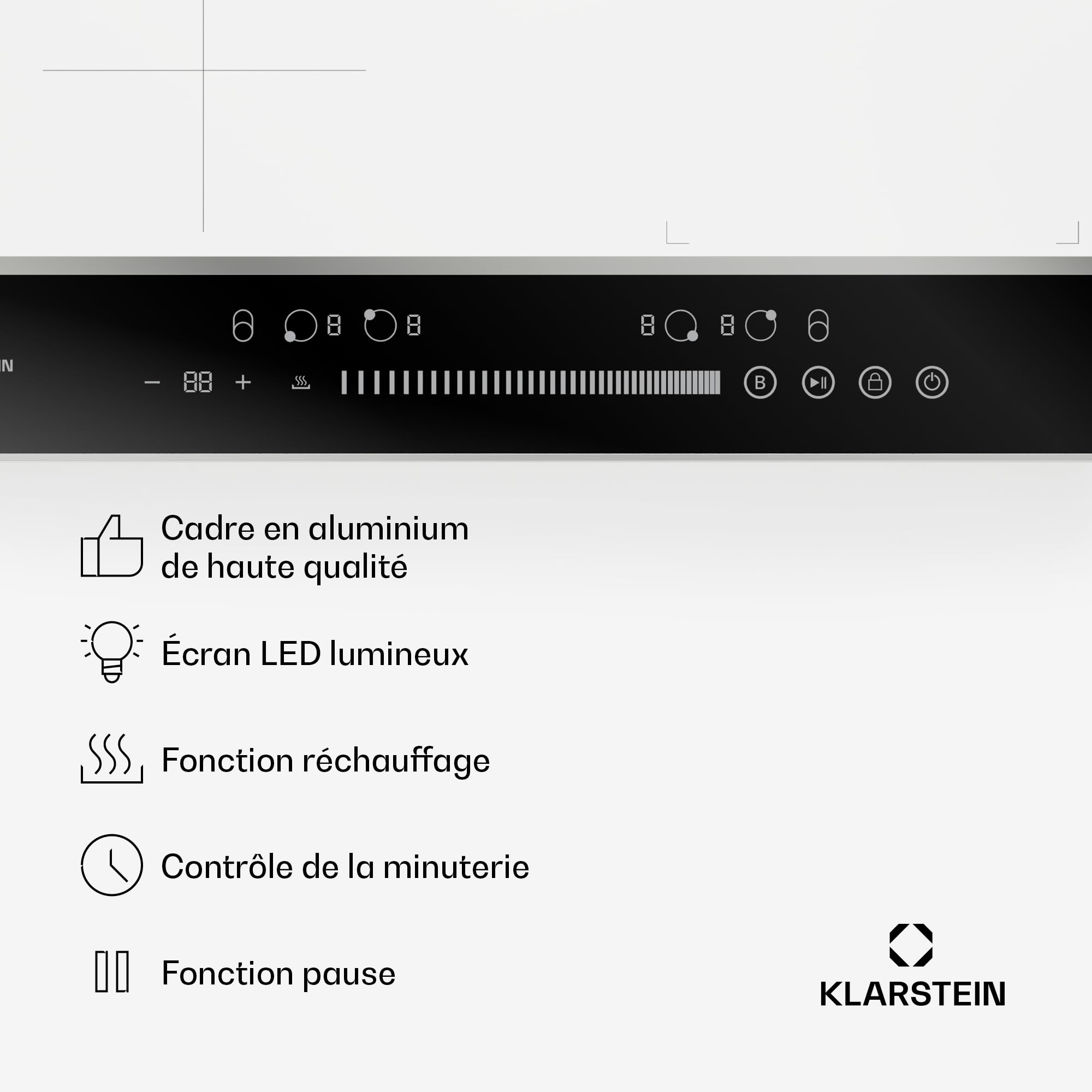 Klarstein DualTone Hybrid Plaque Cuisson à Induction - 4 Zones, 7200 W, Flex Zone, Commande par Curseur, Fonction Booster & Minuterie, Cadre Aluminium, Blanc, 60 cm