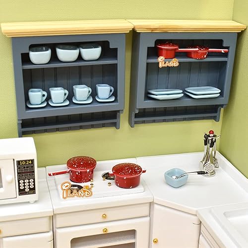 Miniatura 10 de iLAND Muebles de madera para casa de muñecas a escala 112, gabinete en miniatura barnizado 2 piezas para casa de muñecas, cocina, sala de estar,