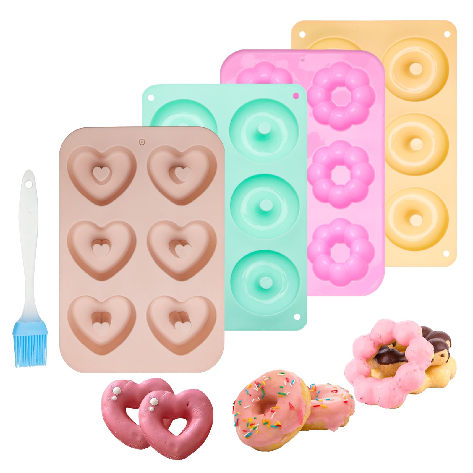 TNSLAND 4 sztuki silikonowych foremek do pieczenia donutów, 3 kolory, z pędzlem do oleju, nieprzywierające, do pieczenia ciast, bajgli, muffinek (okrągłe, kwiaty i serca)