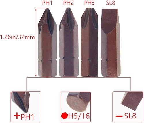 Miniatura 2 de Utoolmart Juego de 4 puntas de destornillador Phillipscabeza ranurada, con vástago hexagonal de 516 pulgadas, 1.260 in de longitud, kit de