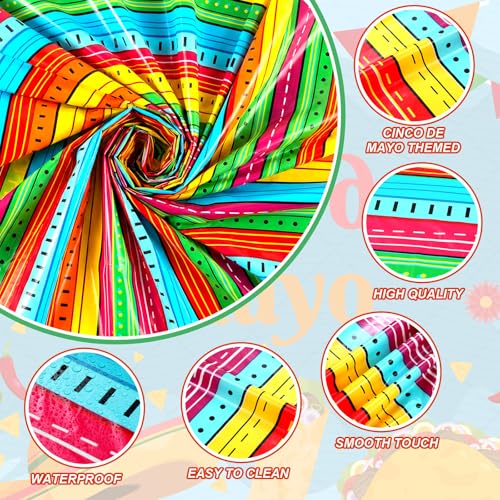 Image of Hahafelt 3 Pcs Mexican Fiesta Plastic Tablecloth 84 Inch Cinco De Mayo Round Disposable Table Cover Colorful Stripe Serape Circular Table Cloth for Mexican Carnival Taco Night Loteria Party Decor