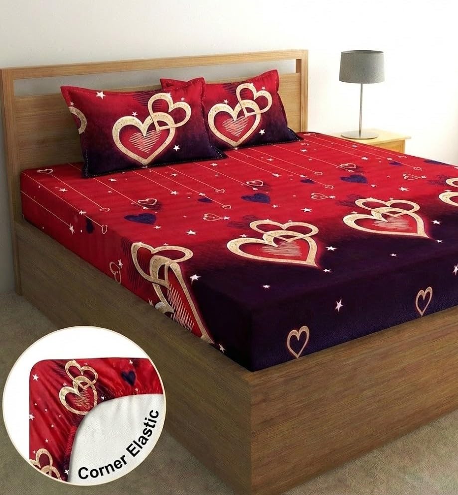 Image of Fashion String Microfibre Red Heart Corner Elastic Fitted Double Bedsheet (72x78 Inches) with 2 Pillow Covers