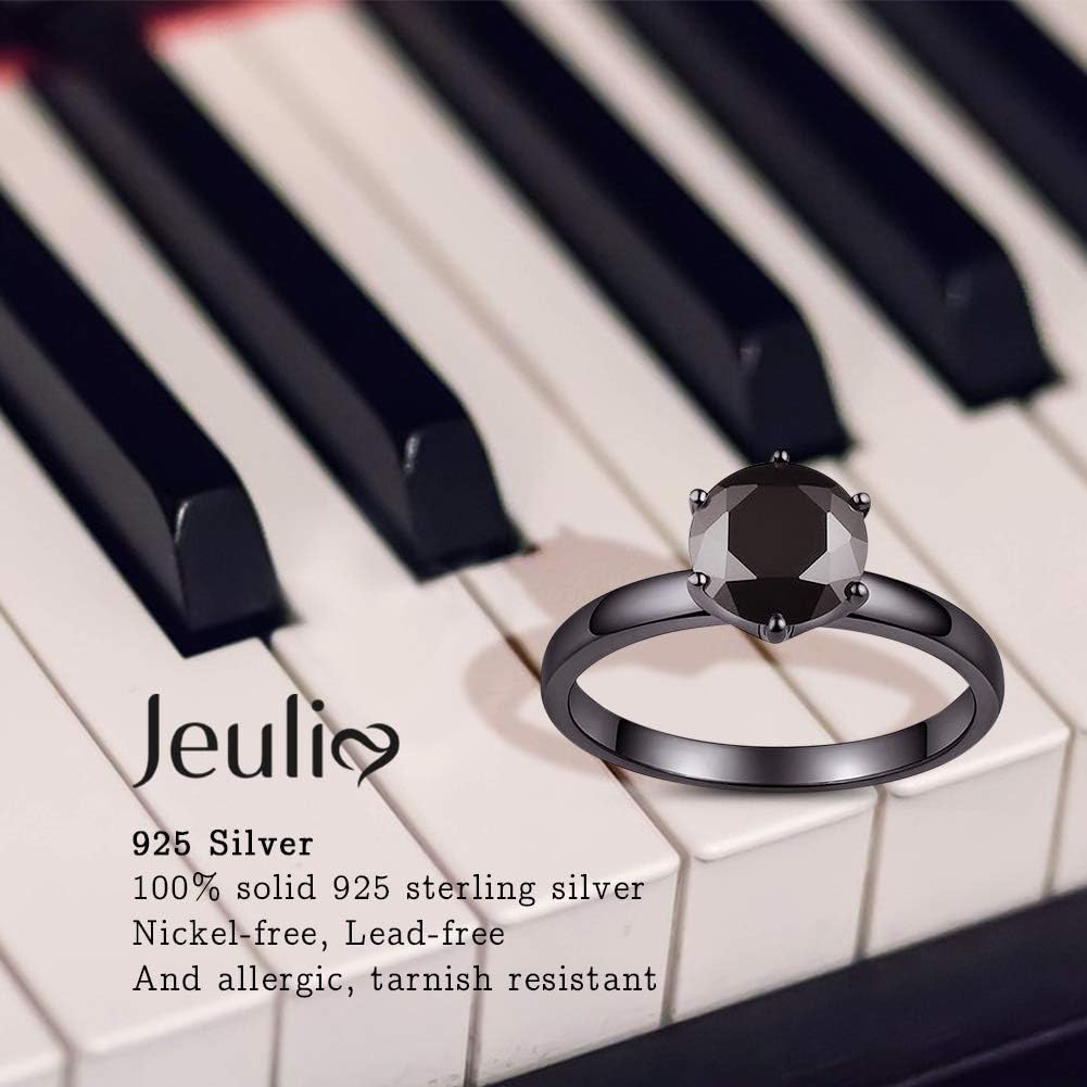 Jeulia Women Black Diamond Solitaire Ring Men Round Diamond 925 Sterling Silver Engagement Wedding Ring