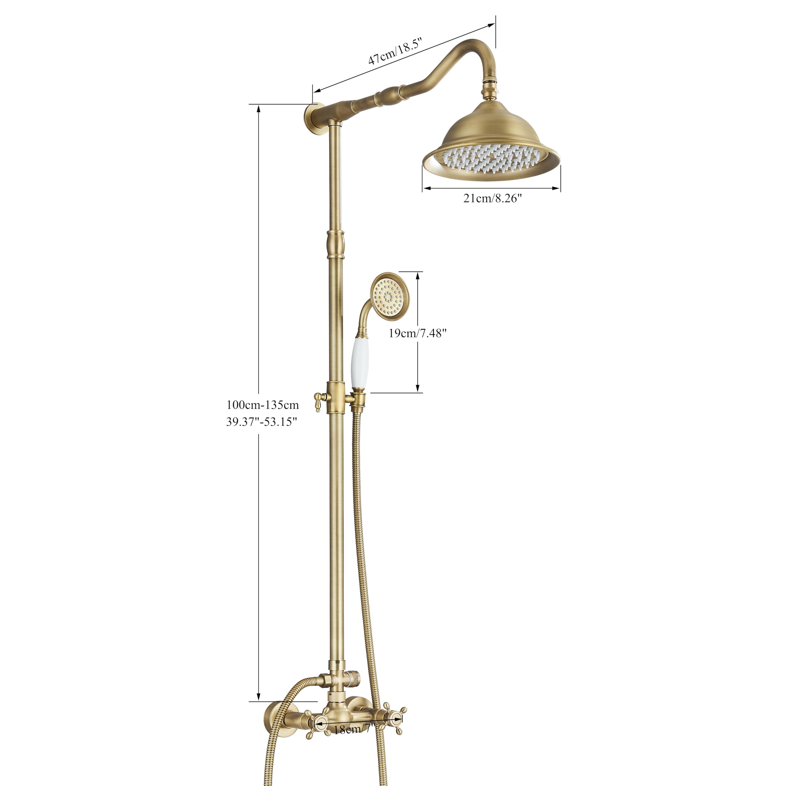 Rétro Colonne de Douche de Robinet de Douche Douche salle de bain Laiton Antique Douche Système avec 2 Sorties,Douchette de Dessus,Douchette à Main, Réglable en Hauteur(85-135 cm)