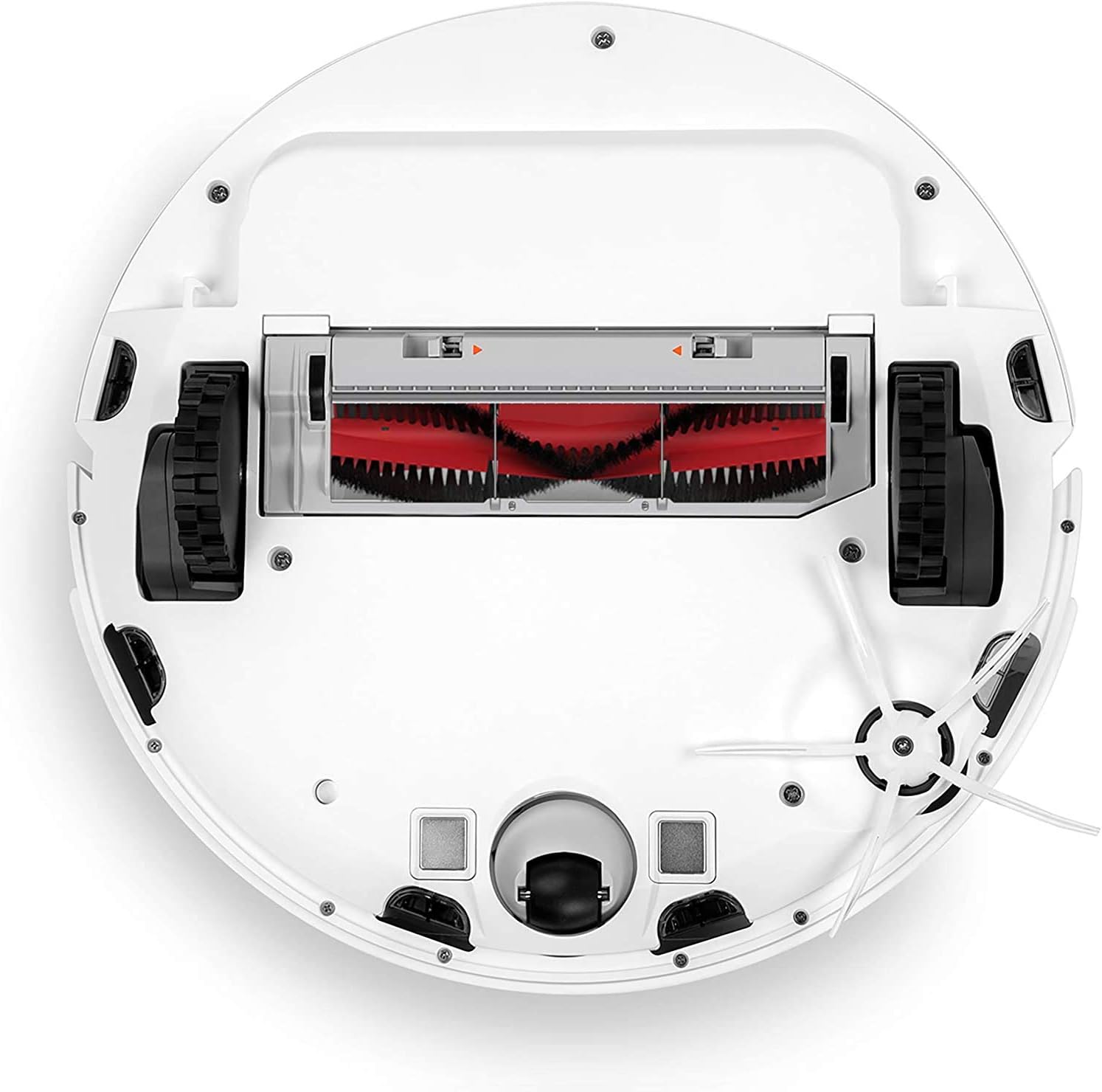 Төмөнкү view of Roborock S6 Robot Vacuum showing brushes and wheels.