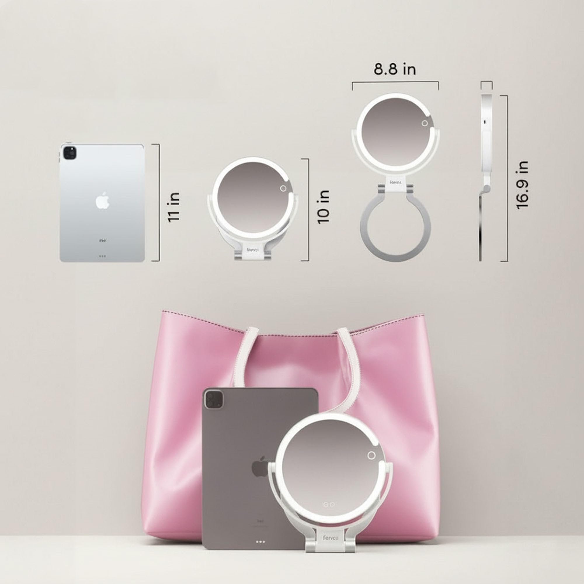 Fancii Miroir de voyage grossissant 10x/1x avec lumières, rechargeable | Miroir de maquillage extra large de 22,9 cm avec éclairage LED, miroir de courtoisie pliable, double face, 3 réglages de