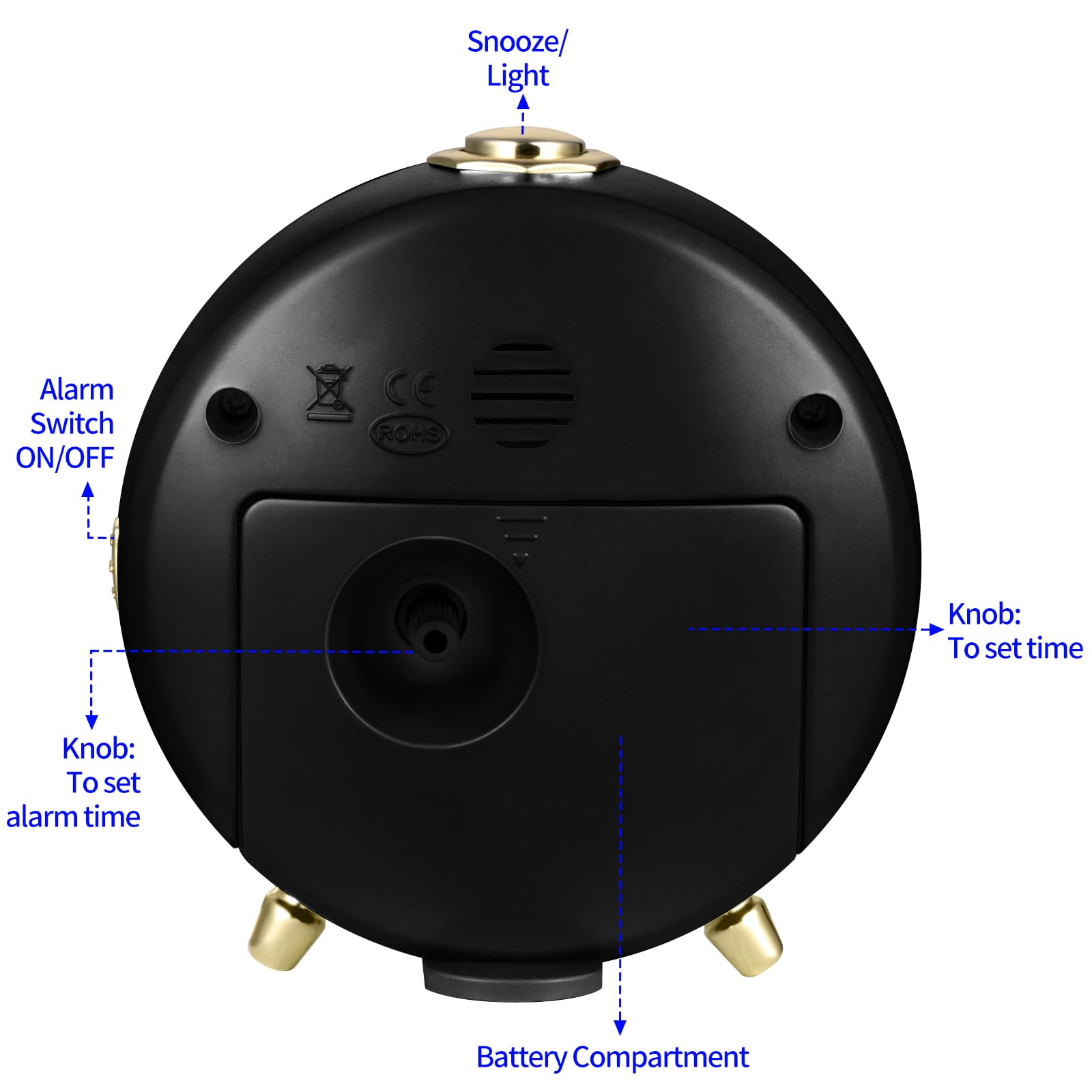 Tinload Vintage Retro Analog Alarm Clock, Super Silent Non Ticking Small Clock with Manual Light, Battery Operated, Snooze, for Kids,Bedroom,Travel,Kitchen,Bedside Desktop. (Black)