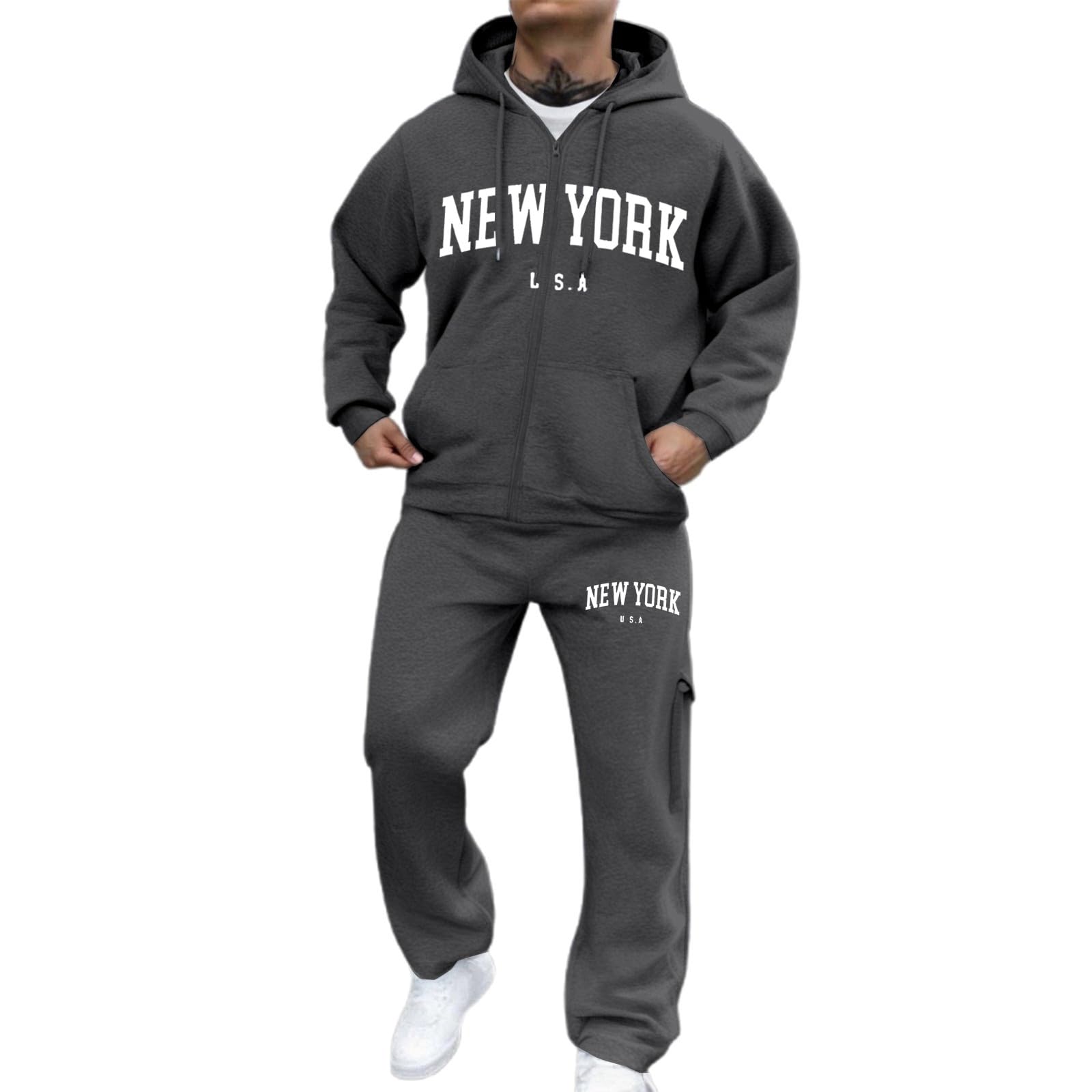 Tuta da jogging da uomo, lunga, baggy, set da 2 pezzi, con felpa con cappuccio e pantaloni da jogging, alla moda, con stampa, per sport all'aperto, streetwear, morbida tuta per il tempo libero