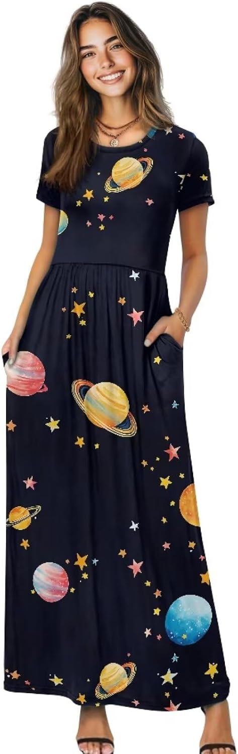 Womens Summer Casual T Shirt Dresses Short Sleeve Pockets Oversize A line Long Maxi Dress for Church s-4xl