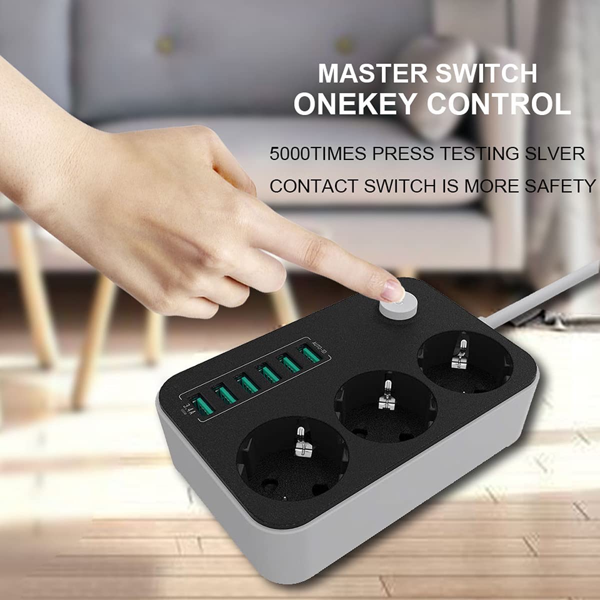Multipresa, Multipresa Elettrica Con USB Ciabatta Con 3 Prese Elettriche E 6 Porte Di Carica USB Un Interruttore Di Controllo Con Protezione Da Sovraccorrente 2500W 17W 5V 3.4A Cavo 1.6M, Nero-Grigio
