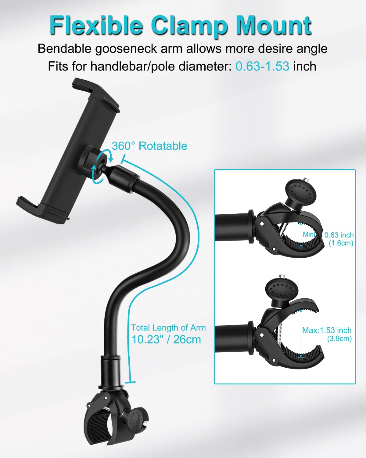 Collo Oca Supporto per Tablet Cyclette, Dosvsi Porta Tablet Tapis Roulant, Regolabile 360° Supporto Bici Manubrio per iPad Pro 12.9 Air Mini, iPad 10.9", Galaxy Tab S A, 4"~13" Tablet & Telefono