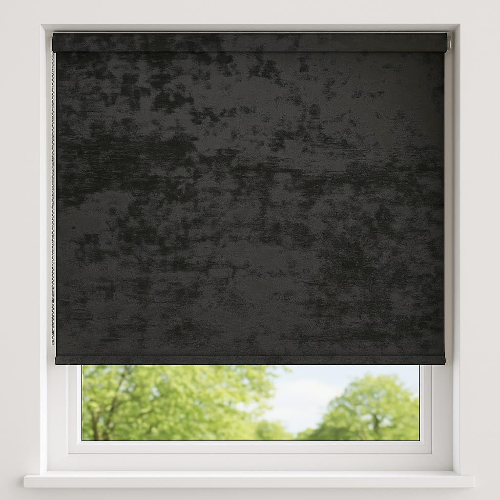 Sales Today Interiror Crushed Velvet Blackout Roller Blinds Charocoal/Silver Grey Child Safety Soft Touch Fabric Trimmable Thermal Blinds Drop 160cm (180cm)