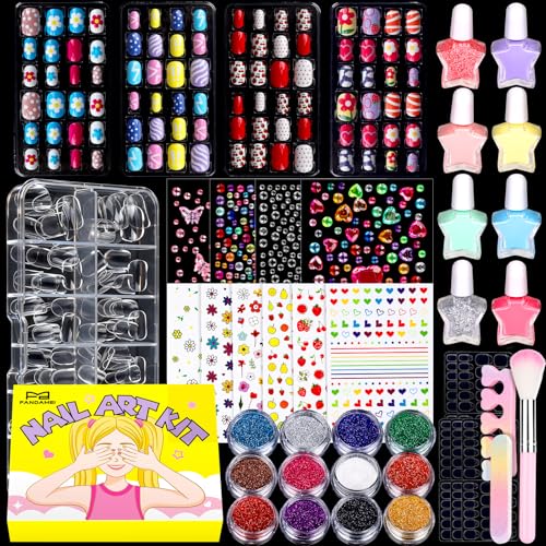 FANDAMEI Nail Kit for Girls Press on Nails for Teens Nail Polish Set for Girls False Nail Tips for Teens Nail Stickers 3D Rhinestone Stickers Face Gems Nail Glitter Nail Art Tool Kit