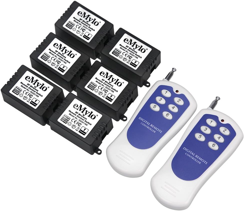 eMylo® AC 220V-230V-240V 1000W 6x 1 Channel Smart RF Relay Wireless Remote Control Switch Transmitter with Receiver