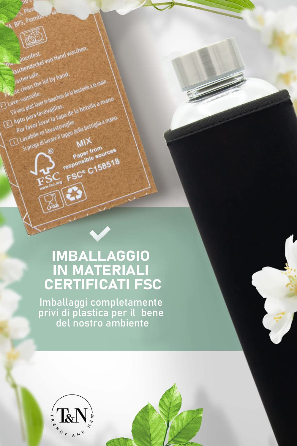 Bottiglia In Vetro Borosilicato 1 Litro Heynna - Con Tappo Acciaio Inox, Manico In Silicone, Lavabile - Foto 3