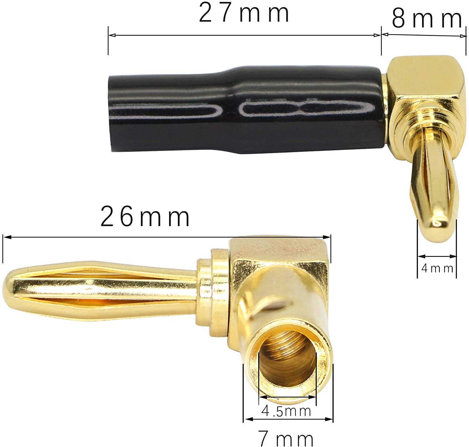 RUNCCI-YUN 10Pcs 90 gradi Banana spine,connettori a banana a forma di L, 24 K placcato oro 4 mm connettore altoparlante per cavo altoparlante, ricevitori audio/video, amplificatori (rosso e nero)