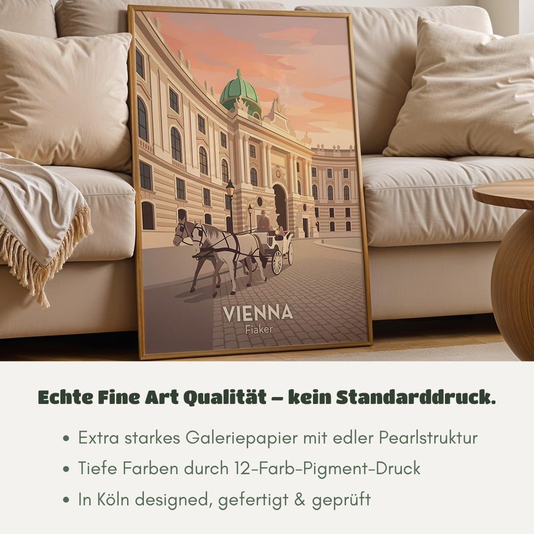 MJ-GRAPHICS® Poster Fiaker Kunstdruck Wien Architektur Wandbild klassisch Sonnenuntergang sanfte Töne Wohnzimmer Deko edel Zeichen Stadtgeschichte Bilder Vintage 50x70 mit schwarzem Rahmen